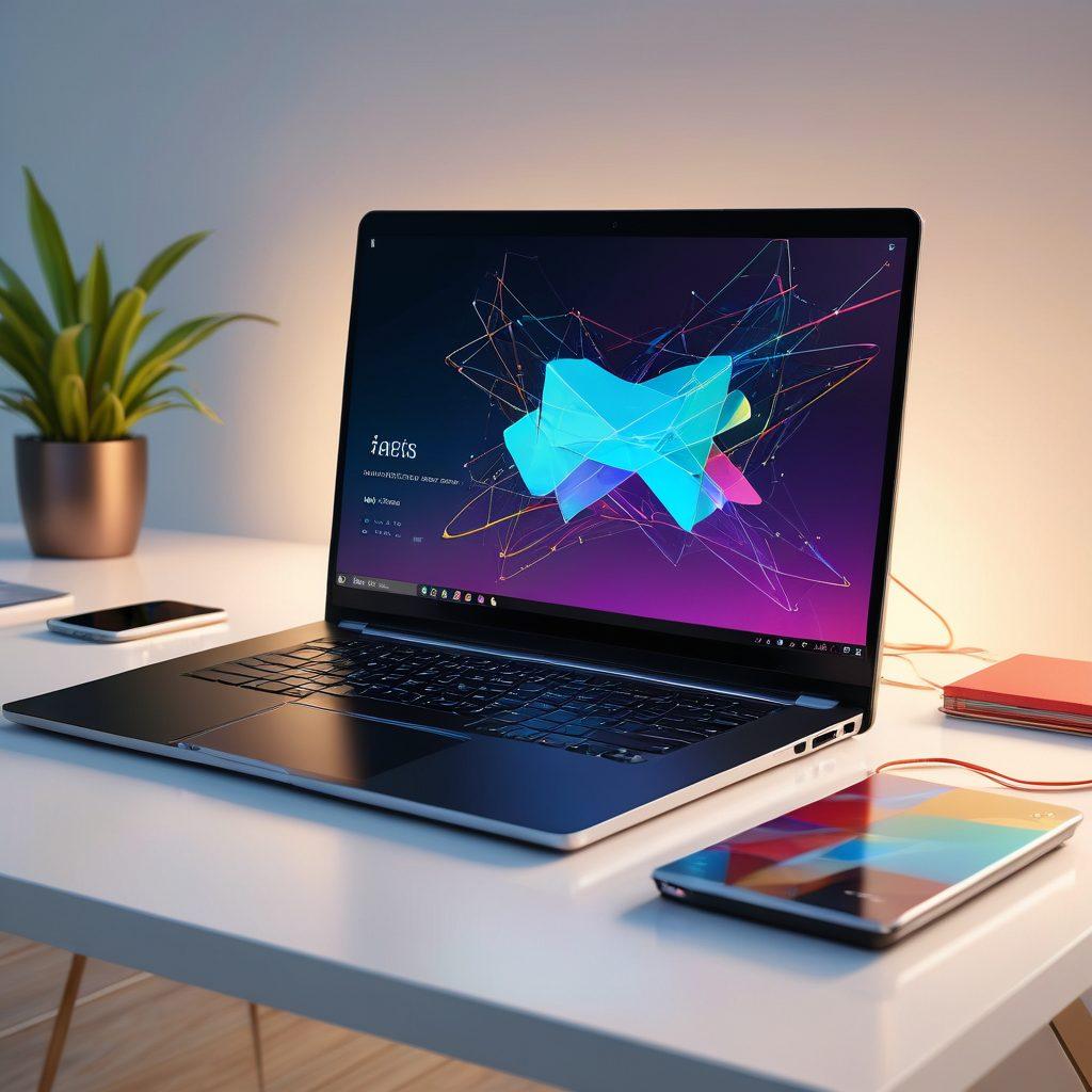 A sleek and modern laptop sitting on a minimalist desk, surrounded by elegant Java code snippets cascading like delicate ribbons. The background features abstract representations of sophisticated application interfaces, with a harmonious blend of stylish geometric shapes. Soft, warm lighting creates a refined atmosphere, emphasizing the elegance of modern technology. super-realistic. vibrant colors. clean background.