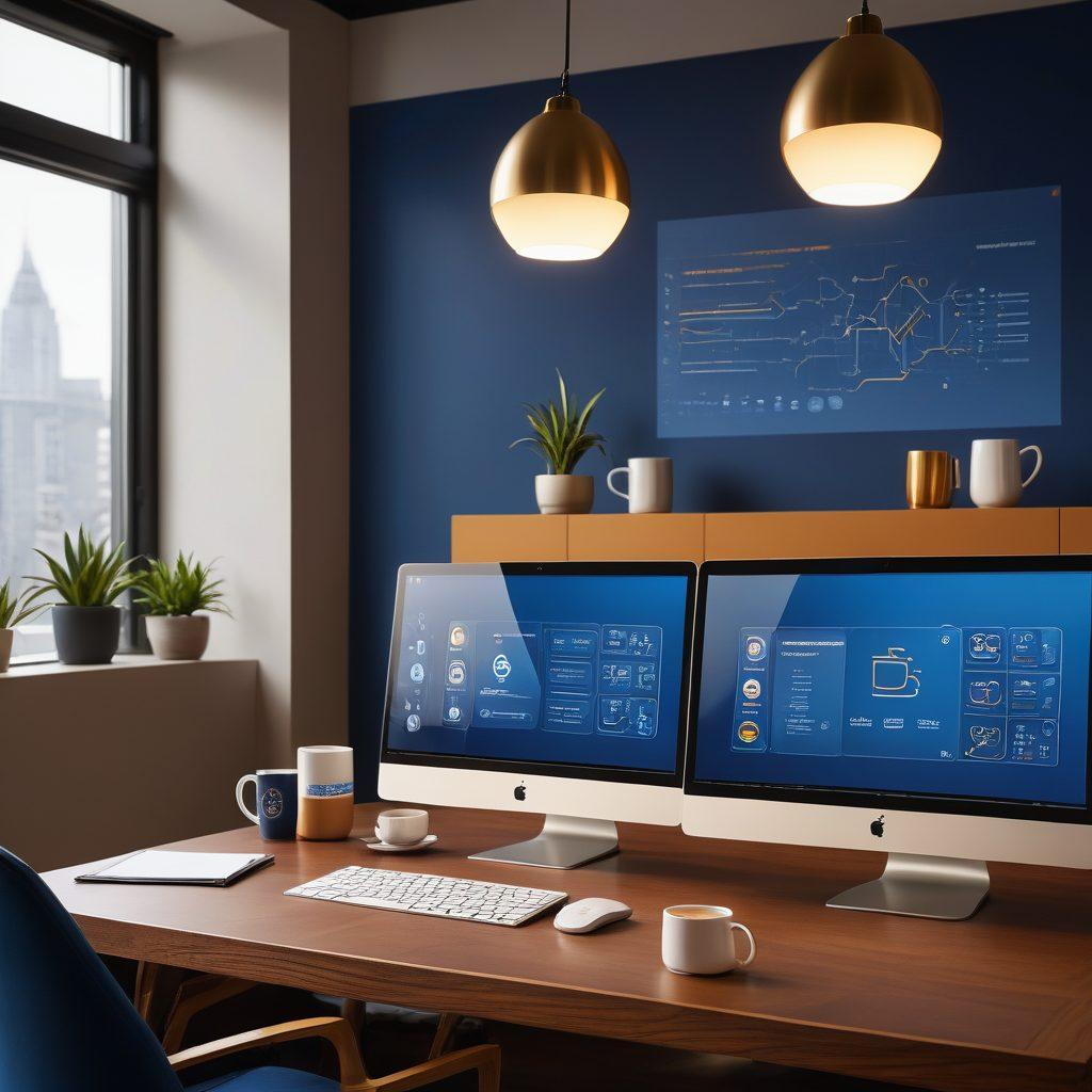 A sophisticated workspace featuring modern Java EE application designs on sleek screens, surrounded by elegant decor. Include elements like stylish coffee mugs, design sketches, and a hint of code on a digital display to represent EJB. Use a color palette of deep blues and golds to convey elegance, with soft lighting enhancing the ambiance. super-realistic. vibrant colors. modern design.