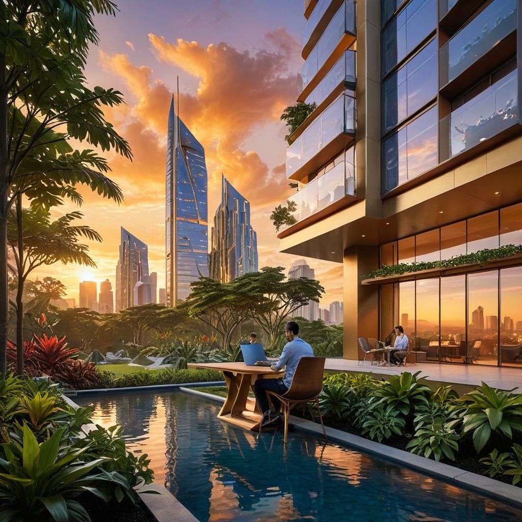 An elegant, futuristic cityscape showcasing stunning buildings that combine modern architecture with aesthetic elements inspired by nature. The foreground features a developer working on a laptop, surrounded by plants and intricate sculptures, symbolizing the blend of technology and art in Java EE development. The sky has a gradient of warm colors, reflecting an inspiring sunset. super-realistic. vibrant colors. 3D.